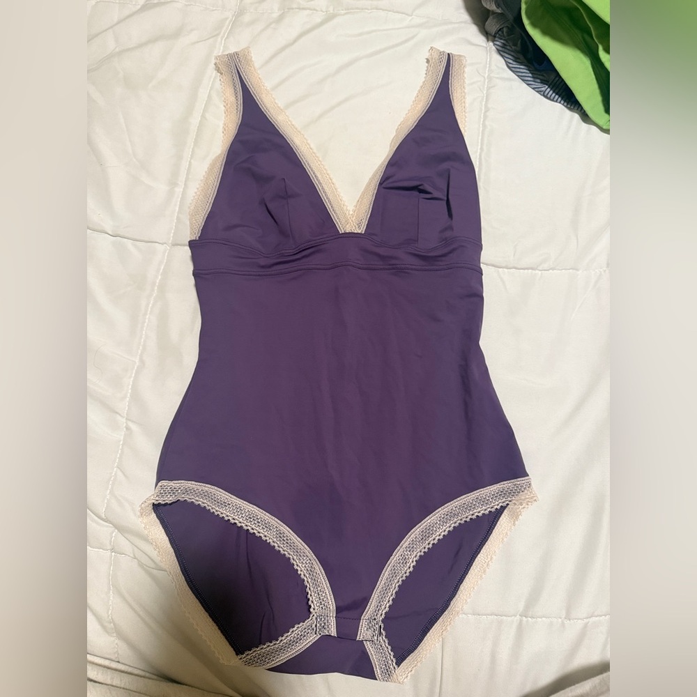 Victoria's Secret purple satin bodysuit with lace trim
